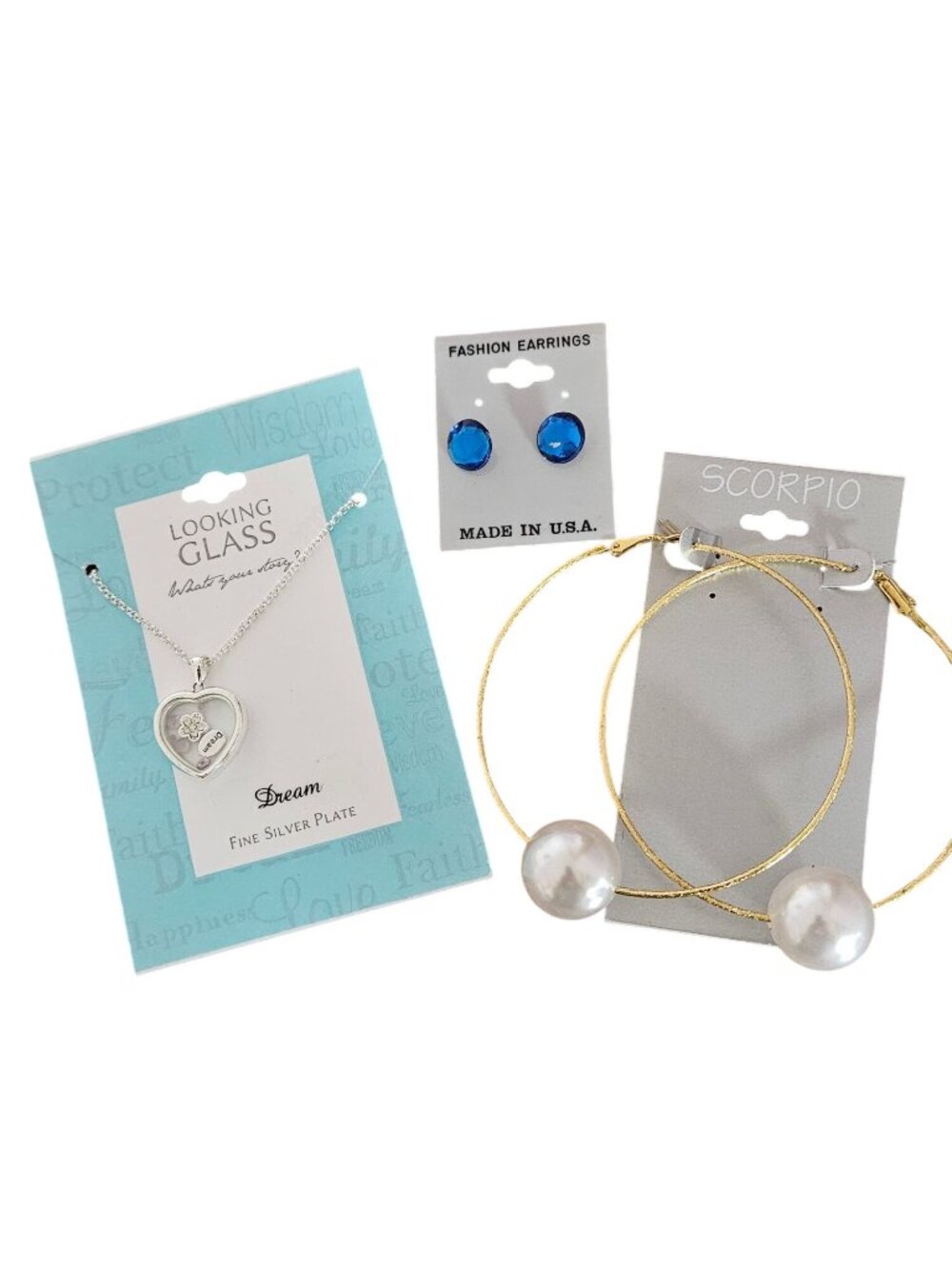Looking Glass Fine Silver Necklace Blue Stud Earrings & Scorpio Hoops With Pearl